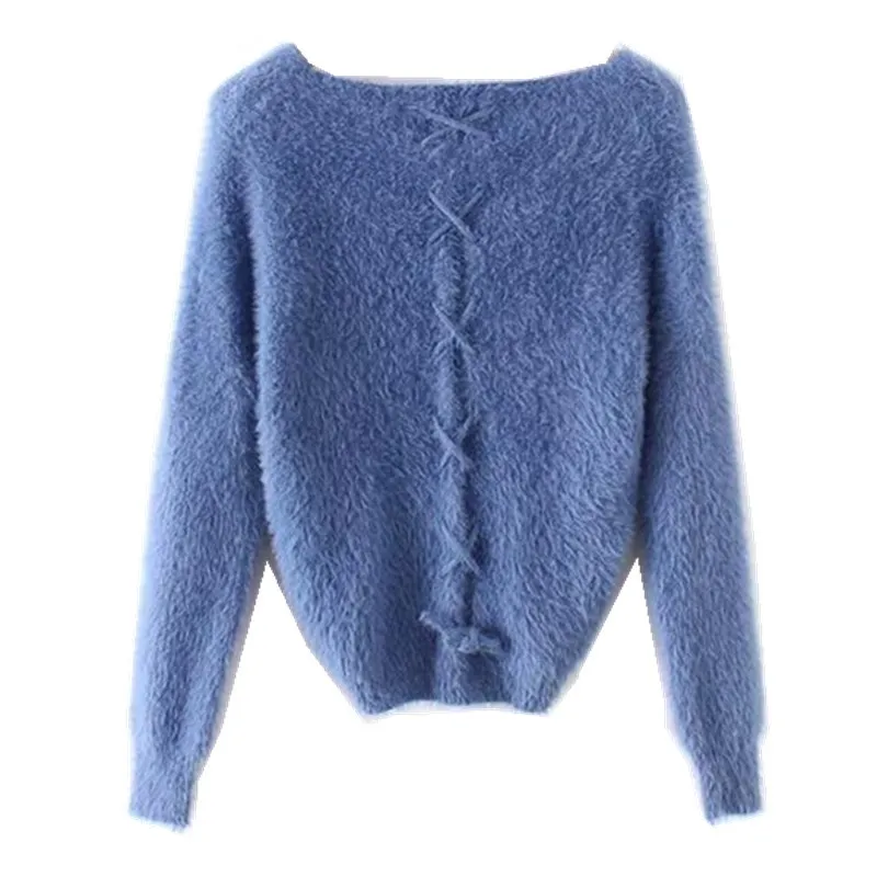 2019  Back Lacing Up Shaggy Hairy Sweater Women V neck Long sleeve Warm Knitwear Causal Knitted Short Jumper kleding