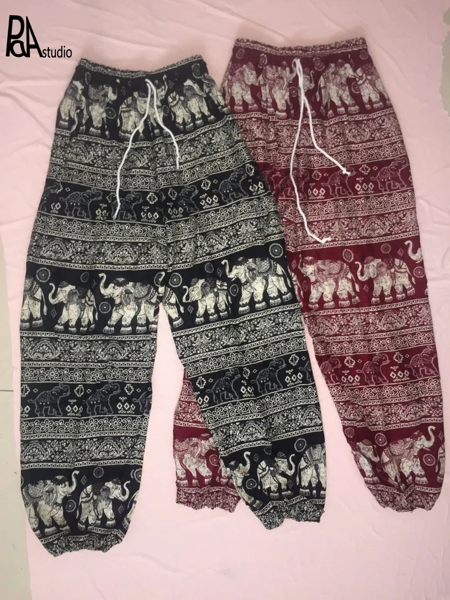

Elephant Thailand Elastic Drawstring Waistband Straight Wide Leg Jogger Track Harem Pant Tracksuit Trouser Summer Linen Workout