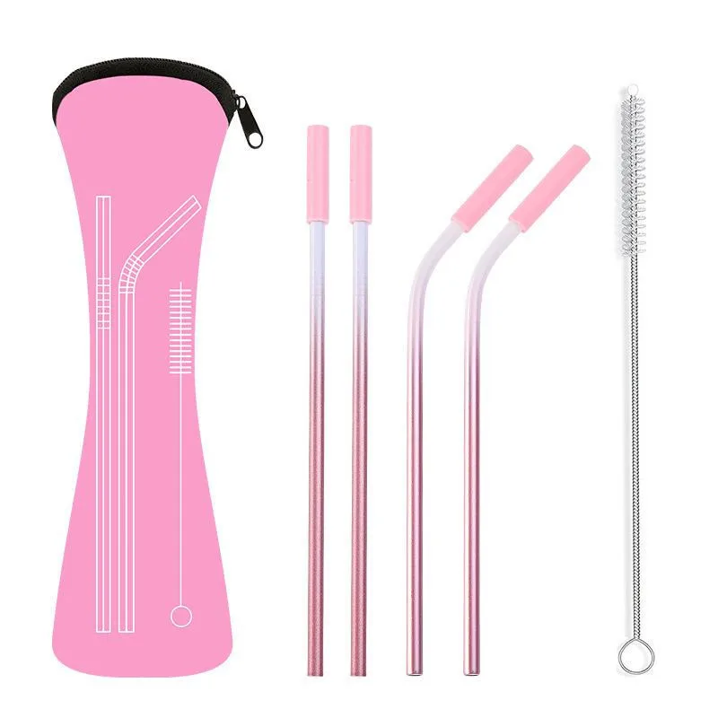 

4Pcs Colorful Reusable Silicone Tips Cover Stainless Steel Straight Bent Drinking Straws With Bag Brush Drop Shipping