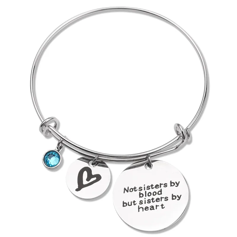 

"Not sisters by blood but sisters by heart"Birthstone Bangle Bracelets Stainless Steel Charm Bracelet For Women Friendship Gifts