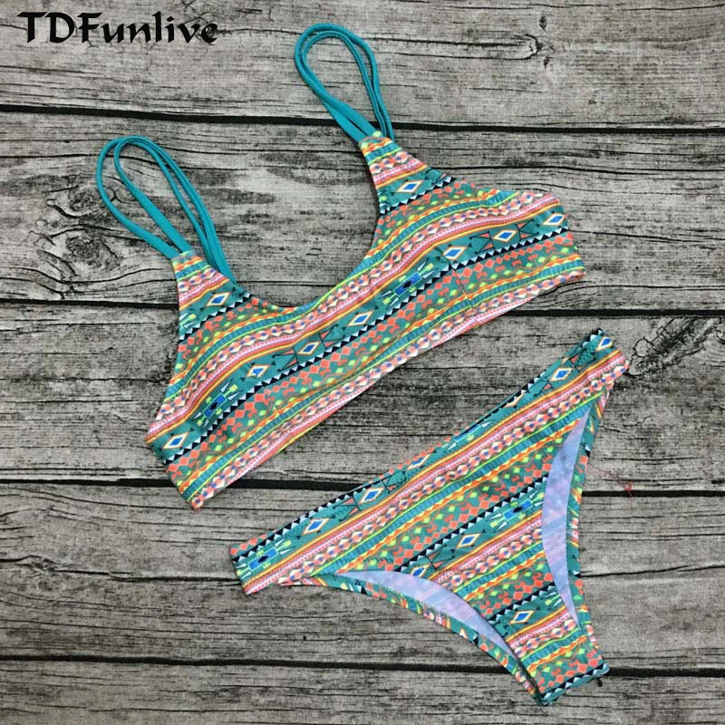 

TDFunlive 2017 Women Reversible Sexy Print Bandeau Bikini Strappy feminino Biquinis brasileiro maillot de bain femme