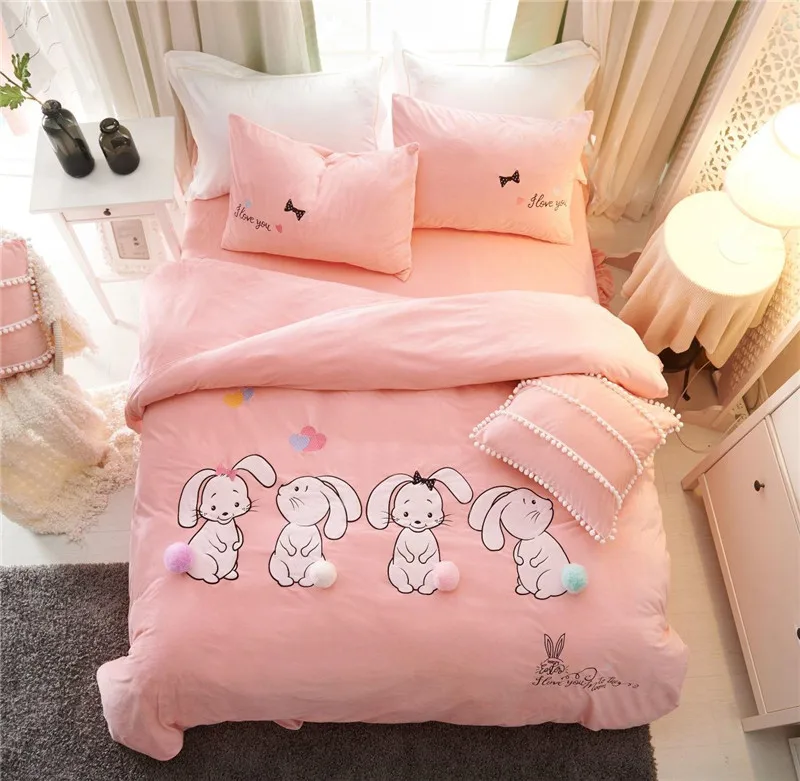 

Pink Cartoon Lovely Rabbit Applique Embroidery Crystal Velvet Bedding Set Thick Duvet Cover Bed sheet Pillowcases Gift For Child