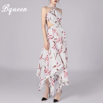 

Bqueen 2019 New Vestido Women Sexy Halter Neck Backless Sleeveless Asymmetric Hollow Out Floral Print Party Club Dress