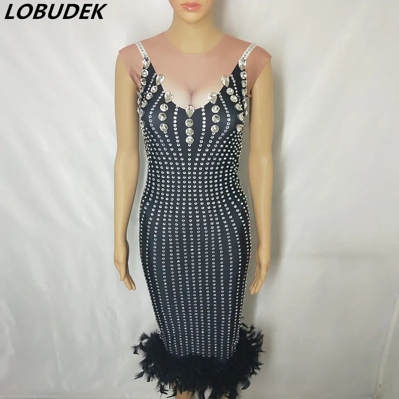 

Women Sexy Black Feathers Rhinestones Dress Nightclub Party Stage Wear Singer Dancer Host Fashion Skinny Dress Crystals Costume