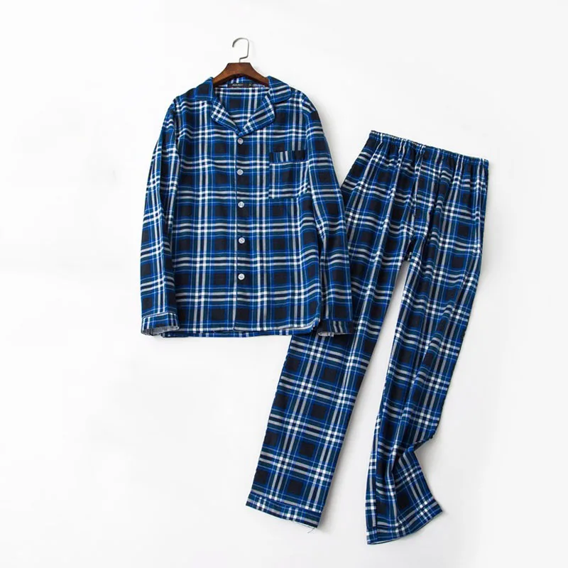 Весенне-зимние хлопковые пижамы для мужчин; Синий Домашний костюм в клетку - Цвет: as picture