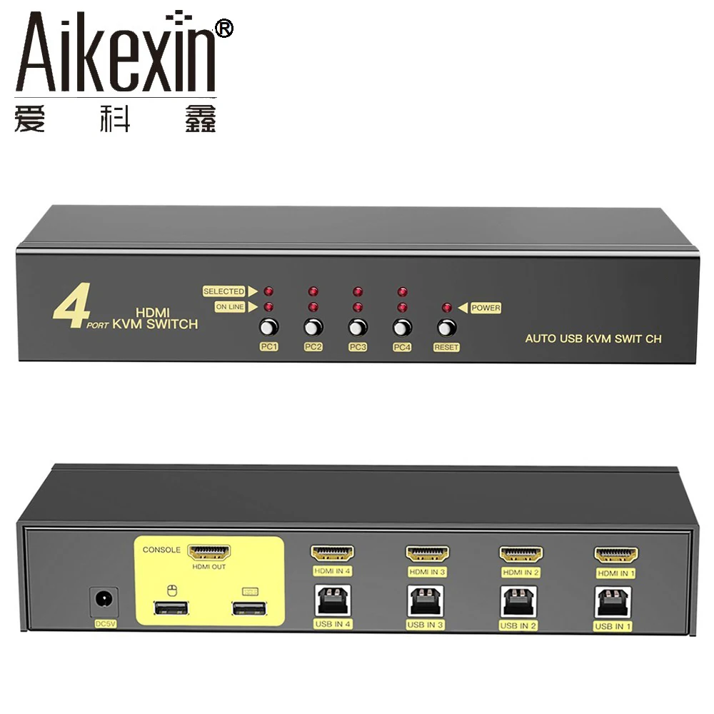 

Aikexin USB2.0 KVM Switch 4 Port USB HDMI KVM Switch 4x1 HDMI Switch Extra USB2.0 Support Auto Scan,Keyboard Mouse Hotkey Switch