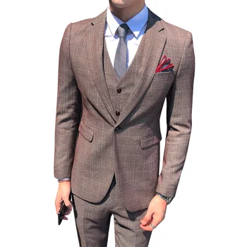 

Nice Classic Mens Plaid Suit Three-Piece Set Size 2XL Fashion Business Wedding Banquet Male Dress Jacket With Vest And Pants
