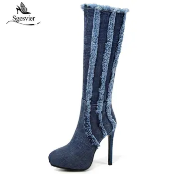

Sgesvier Blue Denim Knee High Boots for Women Round toe High Heels Shoes Woman Thin Heels Winter Warm Fur Zipper Boots OX874