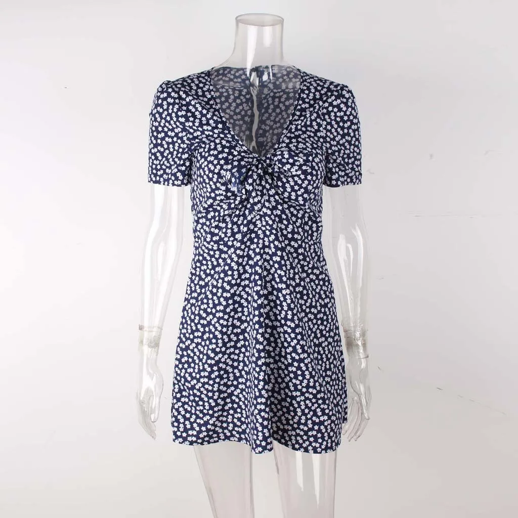 Sexy Summer Polka Dot Boho Dress Women V-Neck Short Sleeve Mini Dress Front Bow Beach Dress Robe