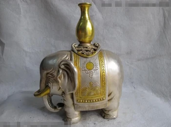 

song voge gem S0182 10 China White Copper Silver Gilt peace Auspicious bottle on Elephant God Statue