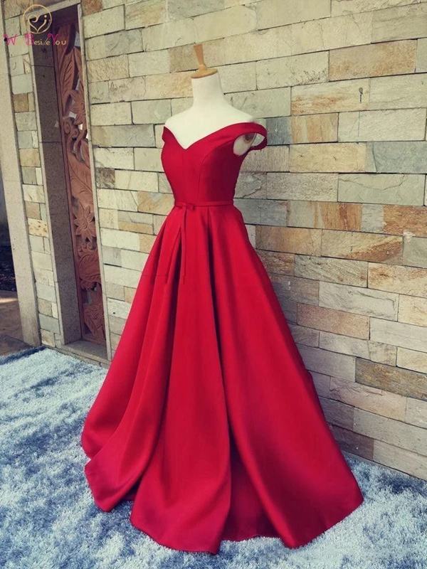 

Reflective Satin Evening Dress 2019 Hot Sale Style Lace Up Back Off Shoulder Sleeveless A Line V Neck Women Red Long Prom Gown
