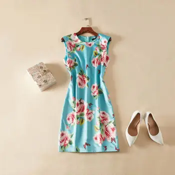 

New Flower Print Women Dress Elegant O-Neck Sleeveless Casual Dresses G7151
