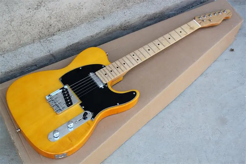 Special price Wholesale Factory custom yellow body electric guitar with black pickguard,chrome hardware,can be customized