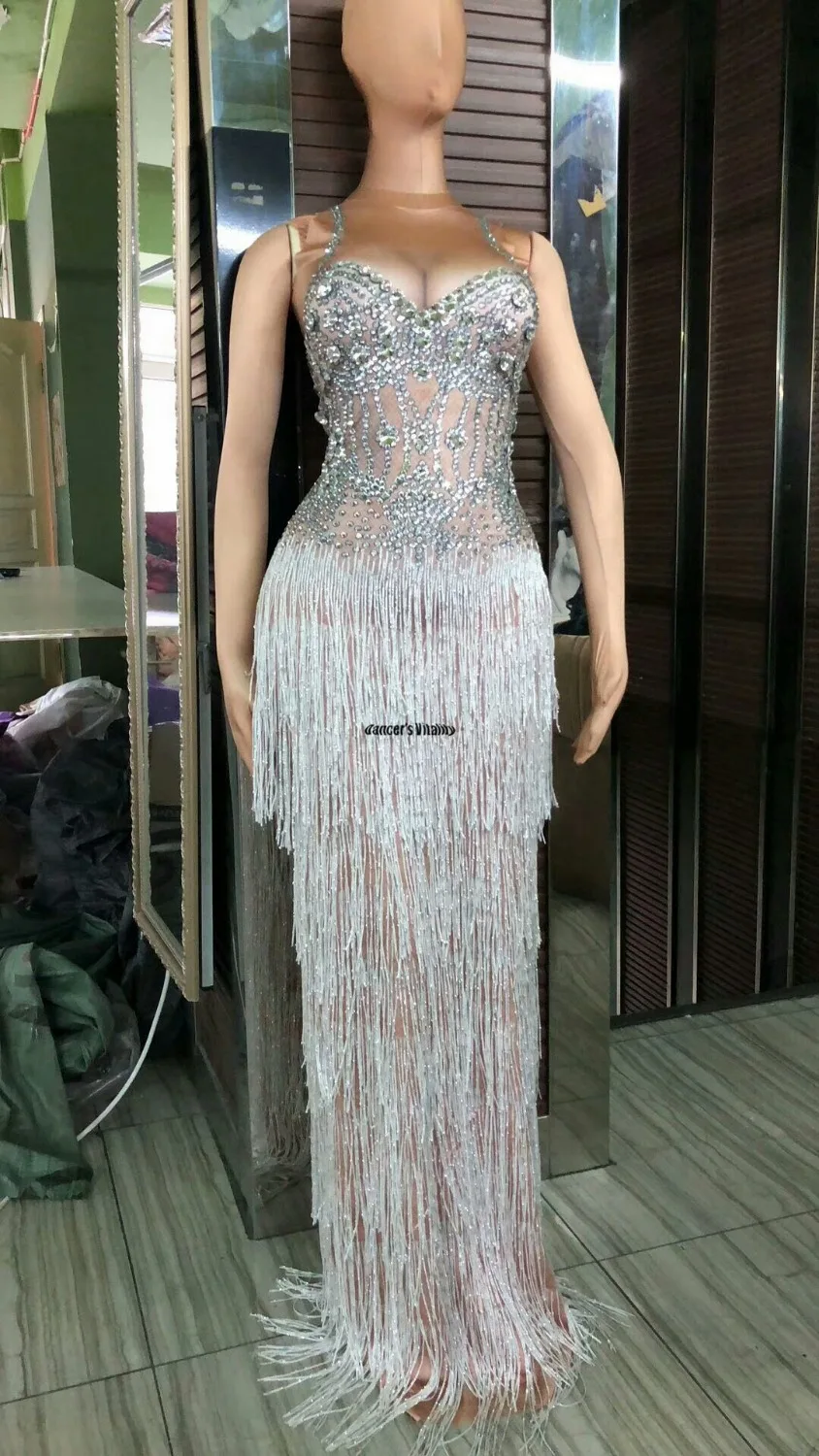 

Rhinestones Fringes Dress Women Sparkly Silver Sexy clothing Bodysuit Costume Tassel Bodysuit Performance Evening Wear Clothing