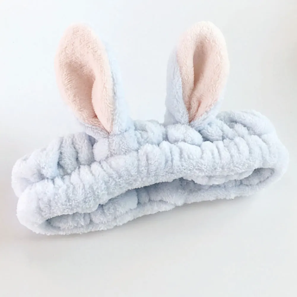 Women Fashion Makeup Headband Bath Rabbit Ears Hair Band Elastic Brimmed Soft Towel Girls Mask Tool Wash Face Coral Fleece Wide - Цвет: sky blue