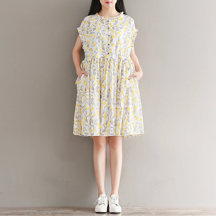 

mori girl literary floral print ruffled collar cotton and linen dress women summer loose short sleeve casual midi dress