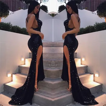 

Backless 2019 Prom Dresses Mermaid Spaghetti Straps Sequins Slit Sexy Party Maxys Long Prom Gown Evening Dresses Robe De Soiree
