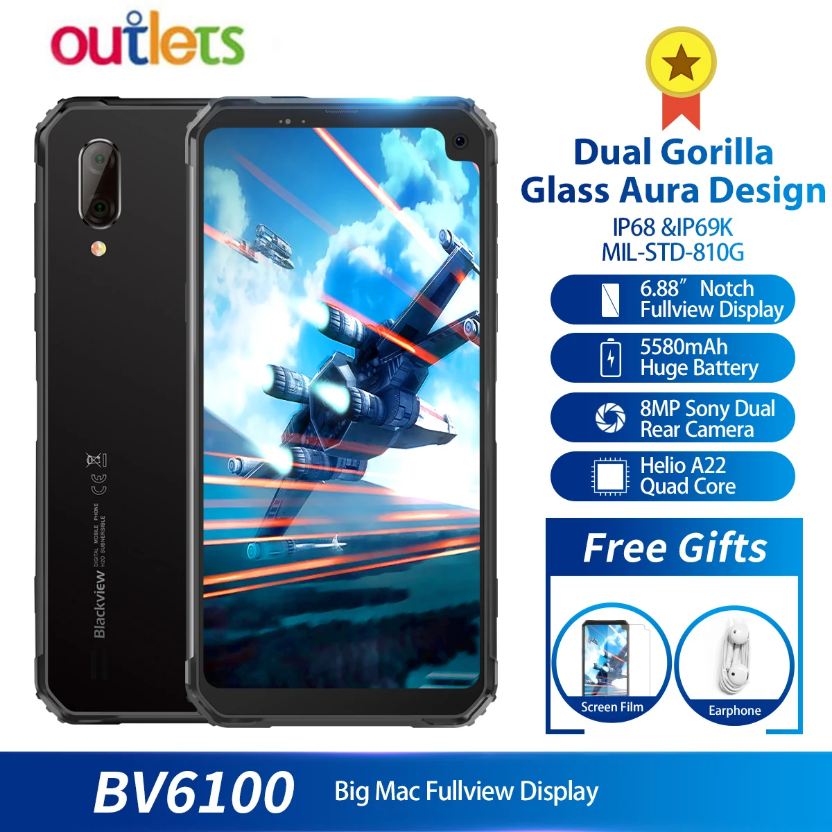 Blackview BV6100 3 ГБ+ 16 ГБ Android 9,0 5580 мАч 6,8" Gorilla экран Прочный смартфон IP68 водонепроницаемый мобильный телефон NFC мобильный телефон