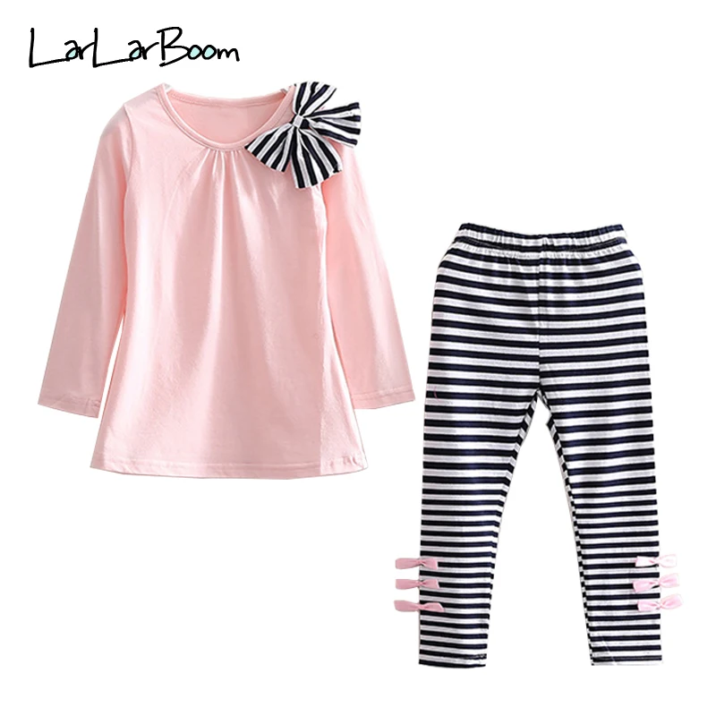 

LarLarBoom Children's Sets Spring Cute Bow Long Sleeve T-shirt + Striped Legging Two-pieces Suit for Girls Clothing Sets