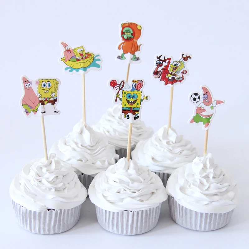 24pcs Sponge Bob Theme Cupcake Toppers Birthday Cakes