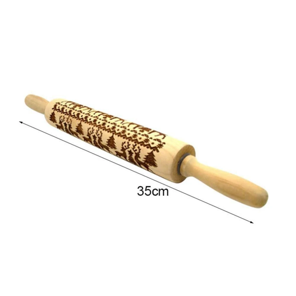 Рождественская рельефная скалка для выпечки печенья, печенье, фондан, пирог, тесто с гравировкой, ролик оленей, деревянная скалка для тиснения - Цвет: 35CM-Reindeer