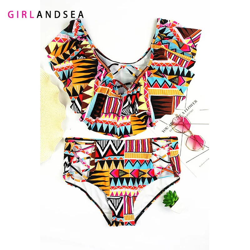 

GIRLANDSEA New 2019 High-waisted Bikini Set Printed Swimsuit