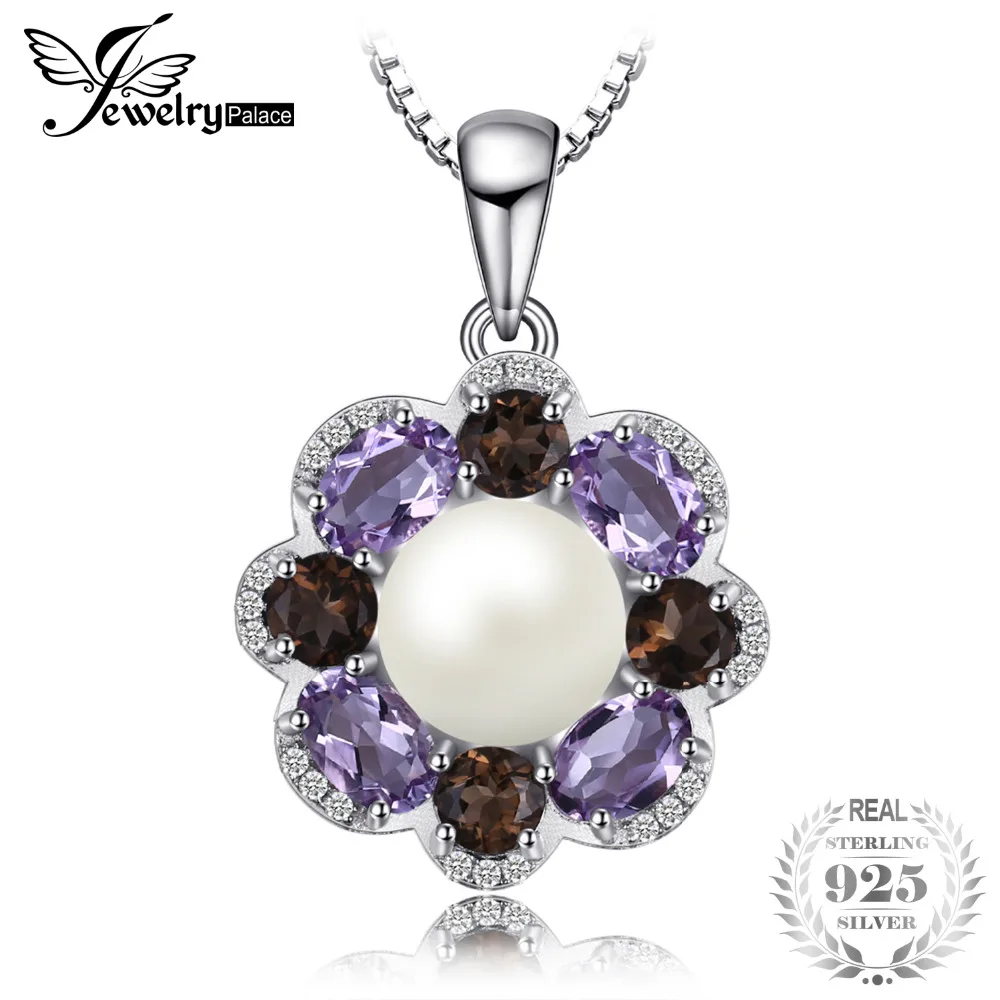 

JewelryPalace New 9mm Cultured Pearl 2.6ct Smoky Quartz Amethyst Cluster Pendant Necklaces 45cm 925 Sterling Silver Fine Jewelry