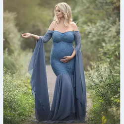 Модное платье для беременных, для фотосессии, платье макси для беременных, с длинными рукавами, кружевное, сшивание, необычные, для