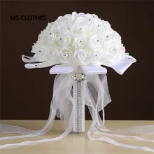 Кот Роуз et Blanc Кристалл Люкс Букеты Свадебные невесты искусственный цветок шелковая лента De Mariage Ramos de Novia