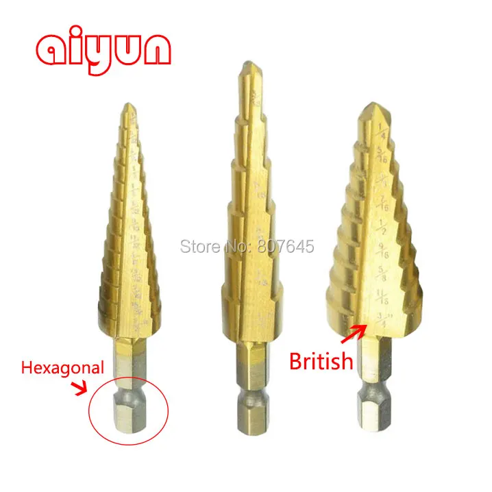 

3pcs/set HSS Step Drill Bit Set British core drill bit Titanium Coated cone hole cutter hexagonal