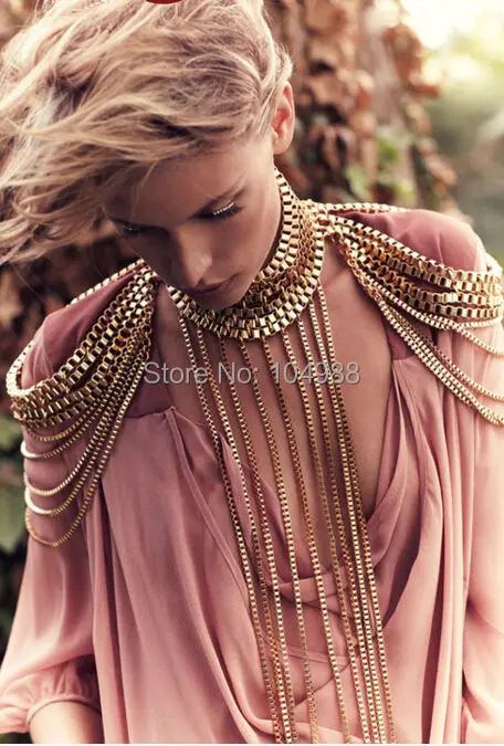 NEW ARRIVALS STYLE B516 WOMEN FASHION GOLD PUNK CHAINS NECKLACE MULTI LAYERS SHOULDER CHAINS BODY JEWELRY
