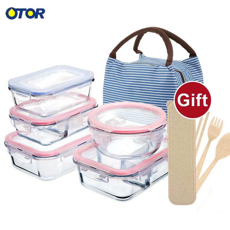 

OTOR Healthy Material Lunch Box 3 Compartments Bento Boxes Microwave Dinnerware Food Storage Container Lunchbox Glass Crisper