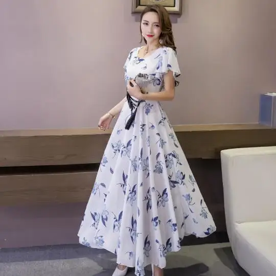 

Maxi Dress 2019 New Summer Womens Short Sleeve Froral Boho Beach Holiday Dresses Elegant Chiffon Dress Vestidos DC973