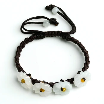

Natural a jadeite jade flower bracelet genuine jade bracelet, hand woven rope female personality retro jade accessories