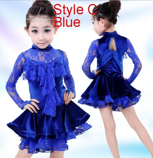 Детское платье для латинских танцев для девочек, костюмы, детский бальный танцевальный костюм с длинными рукавами, кружевное платье для латинских танцев для девочек - Цвет: Style C Blue