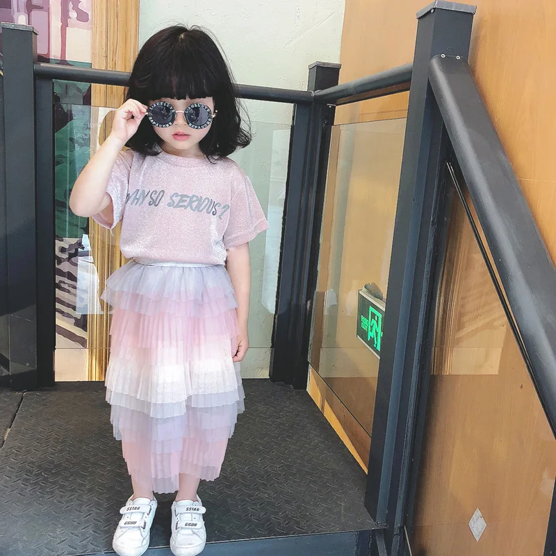 

Summer baby girls short sleeve Tee shirt + layered skirt kids 2 pcs set children fashion suit clothes glitter letter 2 to 7 yrs
