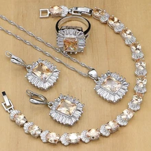 925 серебряные свадебные ювелирные изделия, натуральный циркон шампанского, ювелирные наборы для женщин, серьги/кулон/кольца/браслет/ожерелье, набор