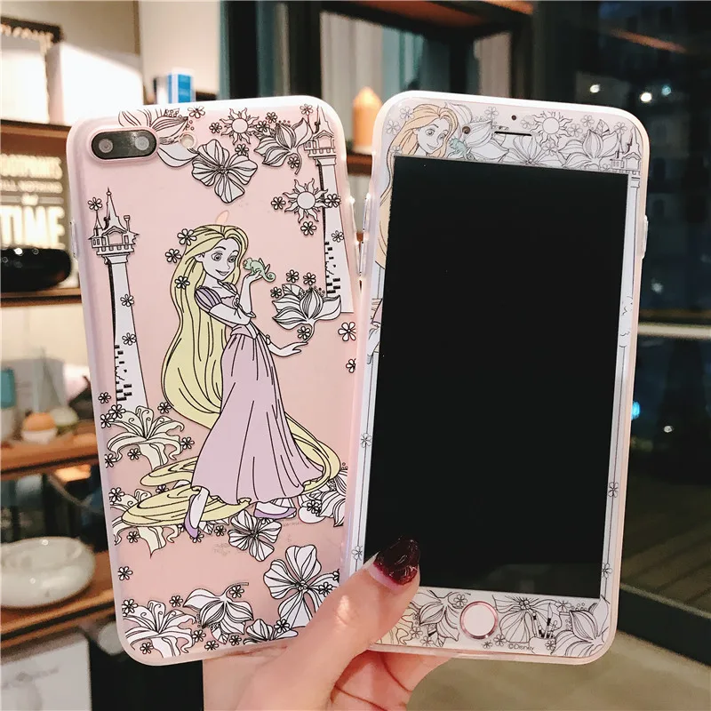 For iPhone 8 8Plus Mermaid Case + Tempered Glass Screen film Cute Alice Rapunzel princess Cover for 6 6S 6SPlus 7 7plus |
