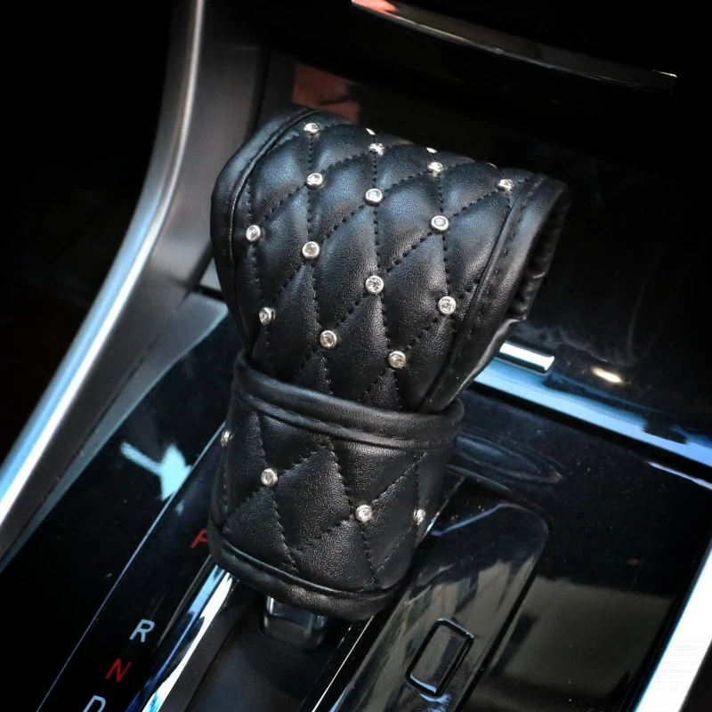 Car Shifter Covers Car Handbrake Grips Cover Set Leather Crystal Rhinestone Black Interior Accessories For Women Girls hand brake cover