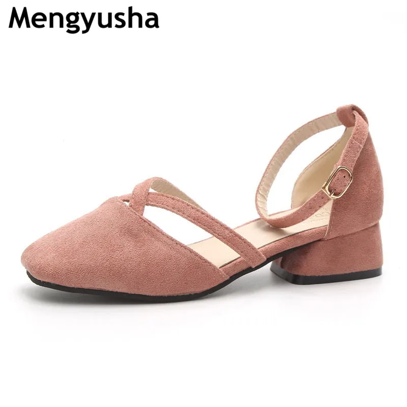

2018 summer new cashmere bread with heel sandals rough with retro grandma shoes word buckle strap square shoes