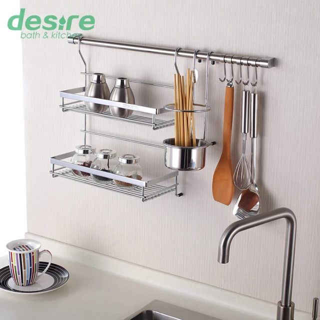 Wall Shelf Kitchen Storage Rack Including Double Flavoring Wall Shelf Kitchen Storage Rack Including Double Flavoring Chopstick Holder 60cm Hanging Rod And 5
