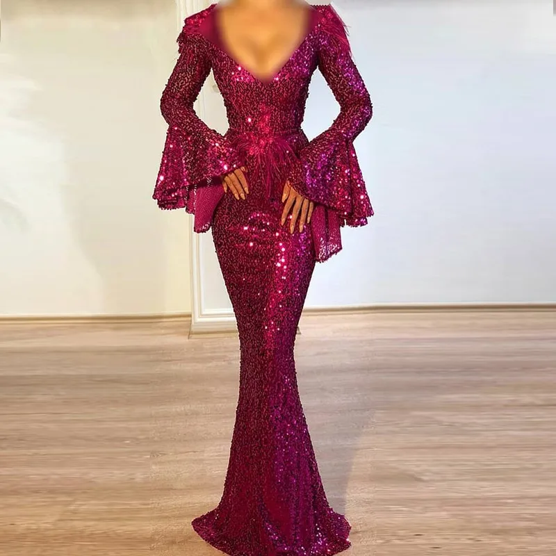 

Sexy Rose Red Sparkle Sequined Mermaid Prom Gowns Full Flare Sleeves Deep V-neck Long Formal Party Dress 2019 Women Dresses