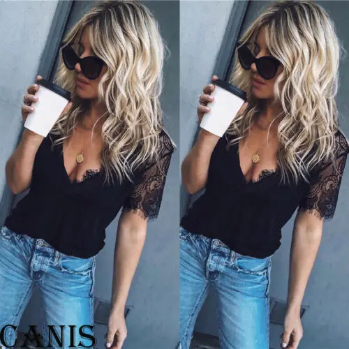 

2019 Women's Short Sleeve Lace Tops T-Shirts Ladies Summer Casaul V-Neck T-Shirts