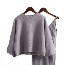 Мода 2018 осень зима новые женские комплекты из 2 предметов Повседневный с рукавом-фонариком пуловеры свитер длинное платье вязанные наряды