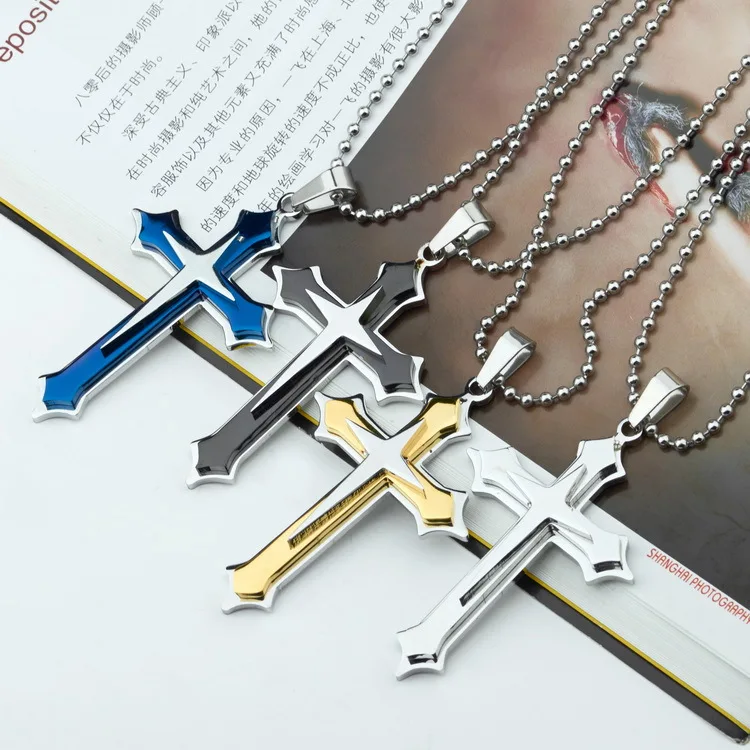 new Men's Cool 3 Layer Cross Stainless Steel Cross Pendant Free Chain