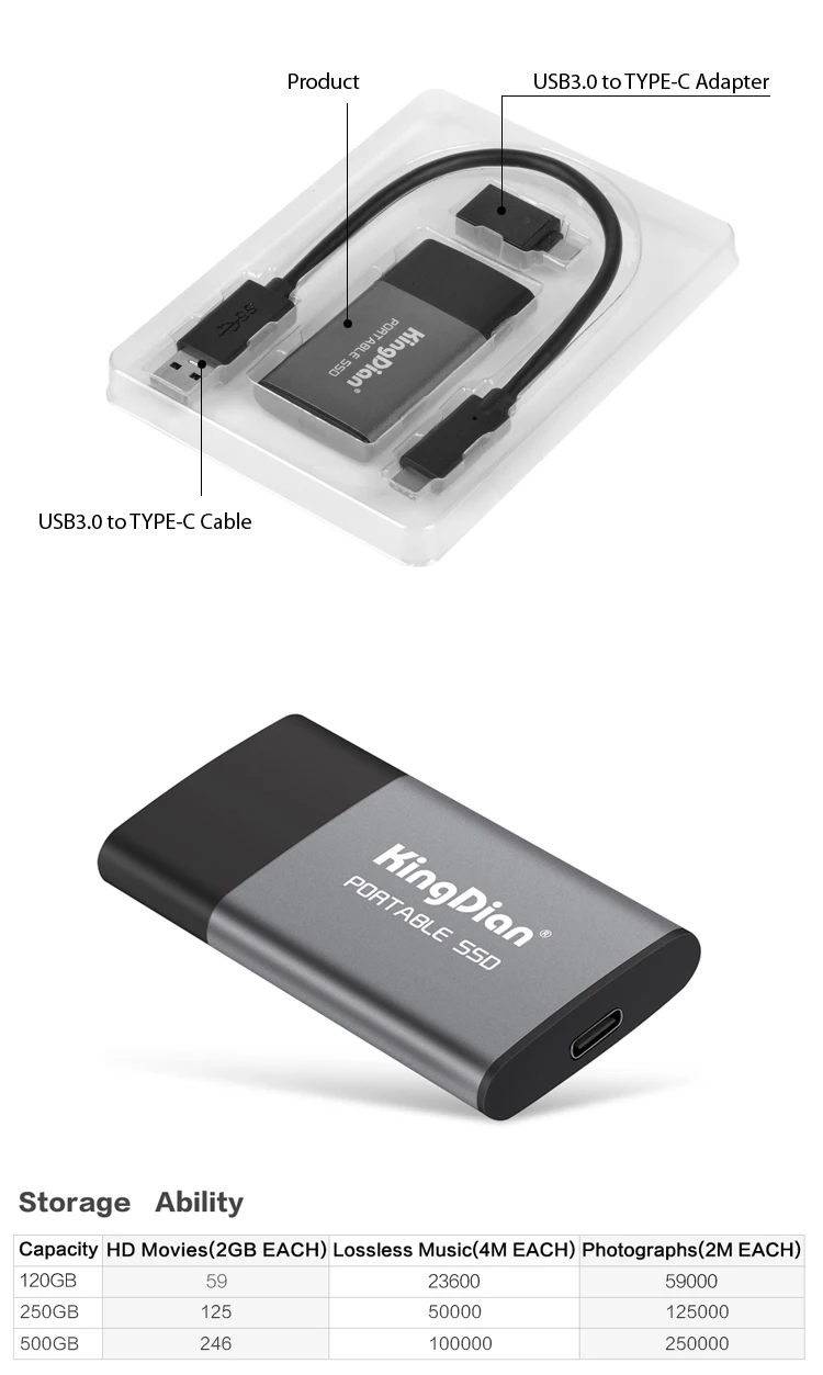 KingDian портативный SSD USB3.0-type-C твердотельный накопитель 500 Гб HD жесткий диск с три года гарантии