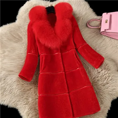 Роскошное зимнее пальто из искусственного меха, Женская Толстая длинная куртка, модная женская верхняя одежда с воротником из искусственного меха лисы, женское теплое пальто из искусственного меха - Цвет: Красный