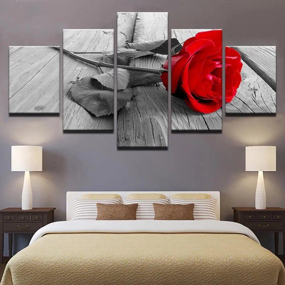 5 Pieces Canvas HD Printed Black and Red Rose Photo Wall Art painting for H...