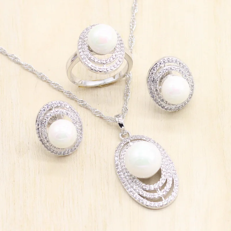 925 серебряные свадебные ювелирные наборы, натуральный белый циркон с жемчугом, бусы для женщин, свадебные серьги, подвеска, ожерелье, кольцо