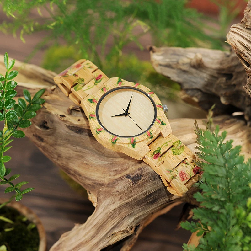 BOBO BIRD LD21 Handmade Men Watches Natural Bamboo Wooden Band Armbanduhr Printing Flowers Design Erkek Saat OEM